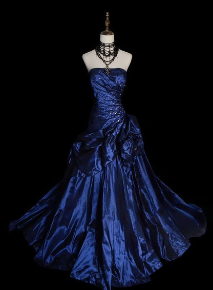 Vintage Ball Gown Strapless Navy Blue Satin Long Prom Dresses Senior Graduation Dance Evening Outfits N035