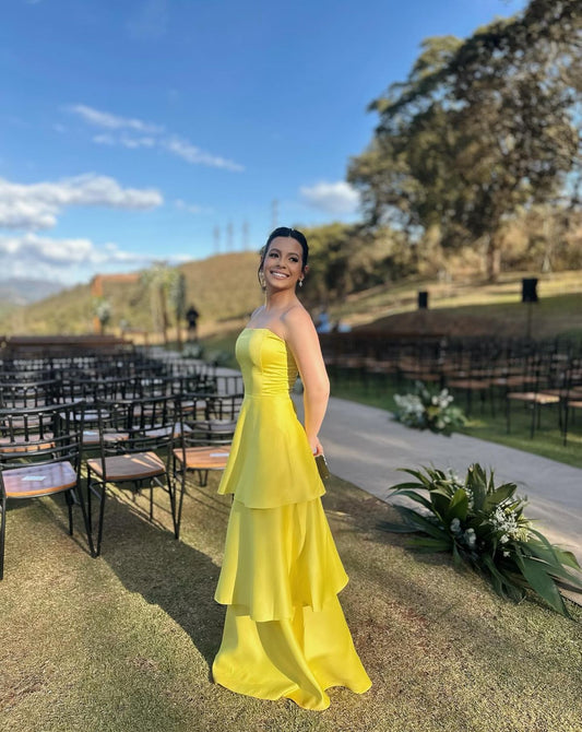 Modest A Line Satin Strapless Yellow Prom Dresses Long for Women Formal Evening Gowns AB186