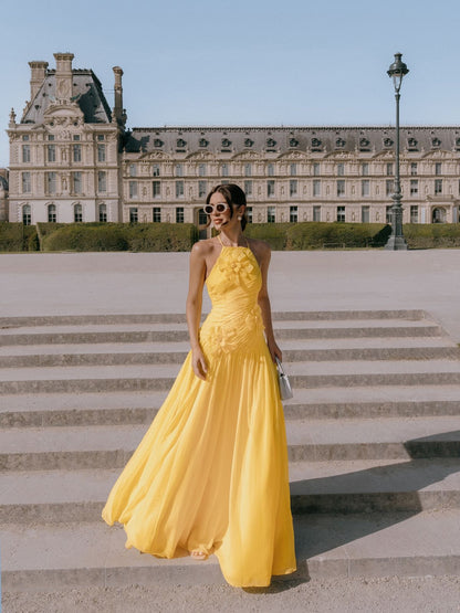 Modest A line Butter yellow floral prom dress sleeveless chiffon prom gowns AB196
