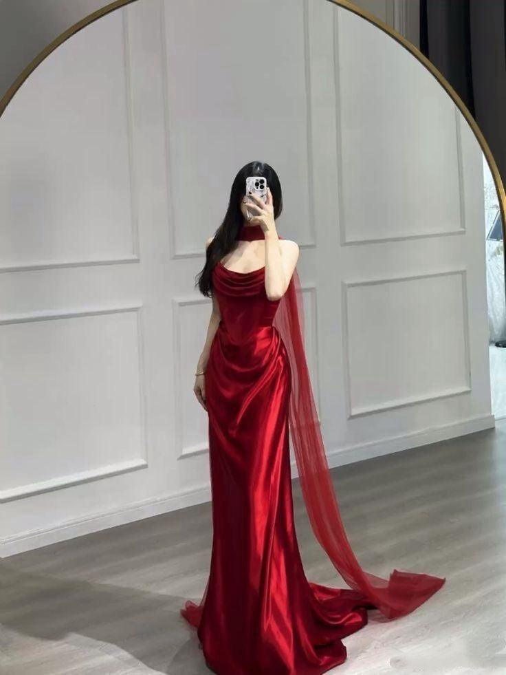 Simple Mermaid Strapless Satin Burgundy With Scarf Formal Gowns Evening Maxi Prom Dress Bodycon For Women Party Outfits AB1233