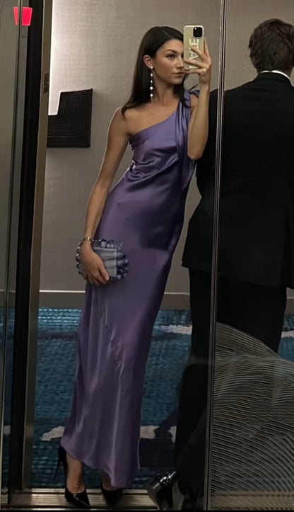 One Shoulder Purple Satin Mermaid Long Evening Prom Dresses AB1550