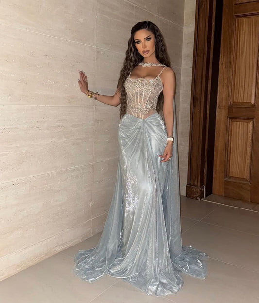 Sexy Mermaid Spaghetti Strap Long With Beading Evening Dresses Night Date Prom Dress For Women AB2554