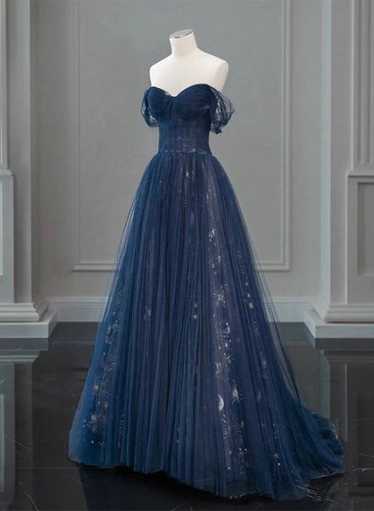 A-Line Off Shoulder Tulle Lace Dark Blue Long Prom Dresses AB693