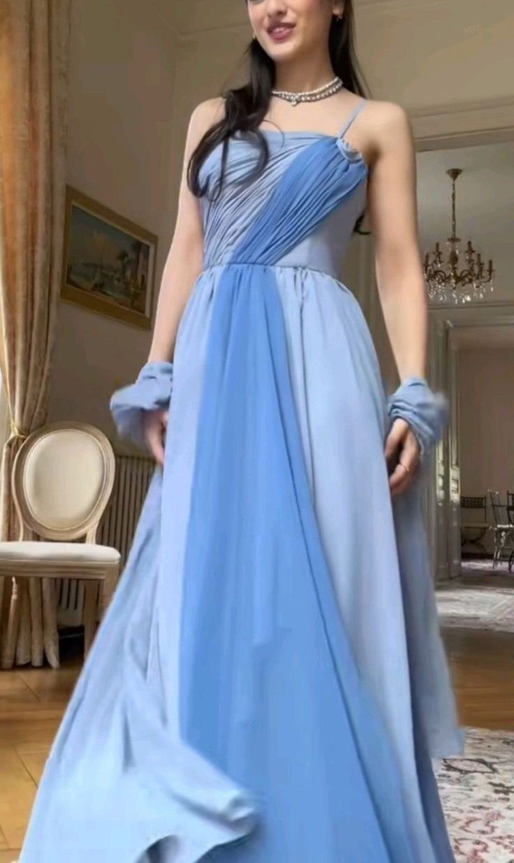 Pretty Mermaid One Shoulder Blue Pleated Sleeveless Chiffon Long Prom Dresses Inspo Prom Gown RB1333
