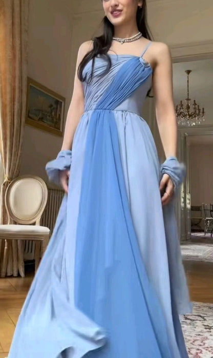 Pretty Mermaid One Shoulder Blue Pleated Sleeveless Chiffon Long Prom Dresses Inspo Prom Gown RB1333