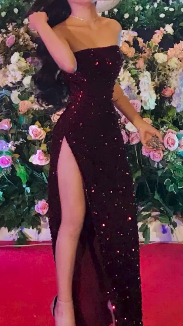 Eclectic Mermaid Strapless Burgundy Sequin Slit Baddie Cruise Ship Formal Night Evening Dresses Long Birthday Outfit RB3817