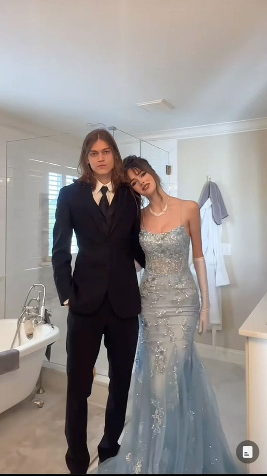 Blue Tulle Lace Party Dress Mermaid Spaghetti Straps Long Sexy Prom Dresses Evening Dress AB1566