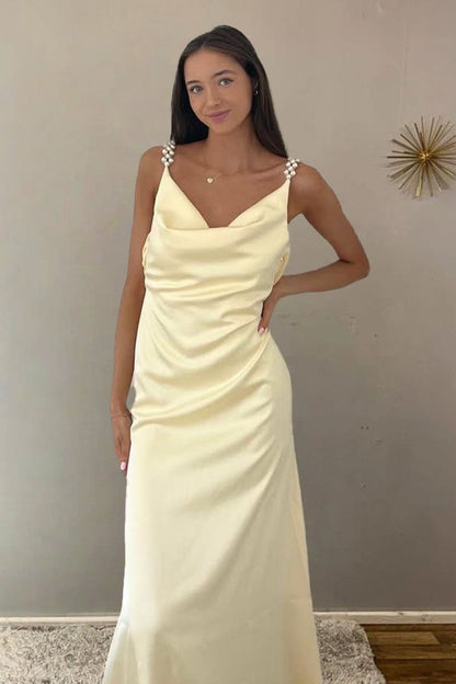 Sheath Spaghetti Straps Satin Long Prom Dresses With Pearls For Women AB1549