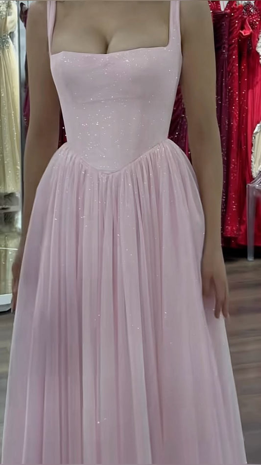 Chic A line Square Neck Pink Tulle Spring Formal Dress Long Prom Dresses N2670