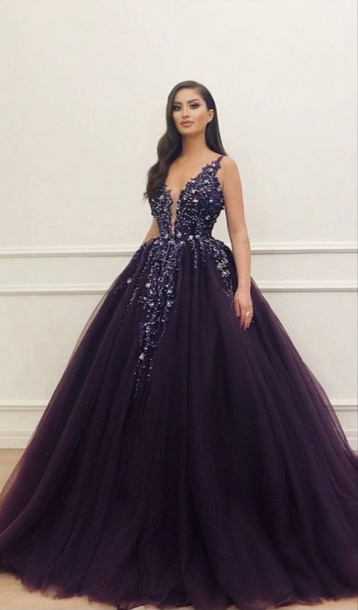 Ball Gown V Neck Purple Tulle Prom Dresses Graduation Dance Evening Outfits N044