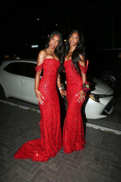 Chic Mermaid Off The Shoulder Red Beaded Sequin Prom Dresses Long Party Dress Prom Gowns DH2934