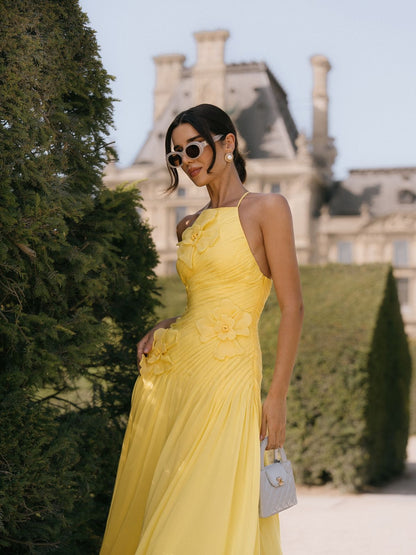 Modest A line Butter yellow floral prom dress sleeveless chiffon prom gowns AB196
