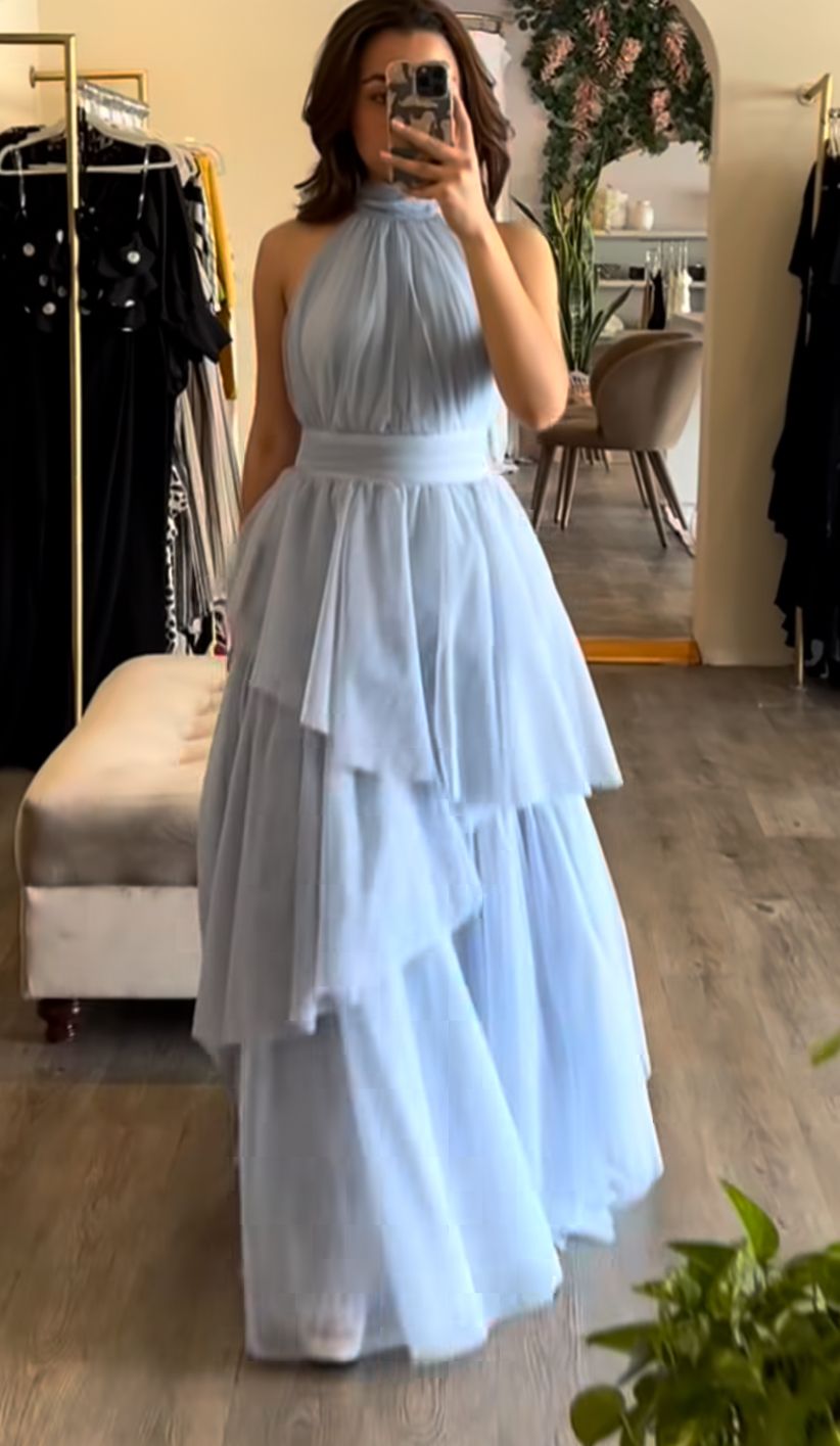 Modest A line High Neck Light Sky Blue Sleeveless Tulle Long Prom Dresses Evening Gowns AB194