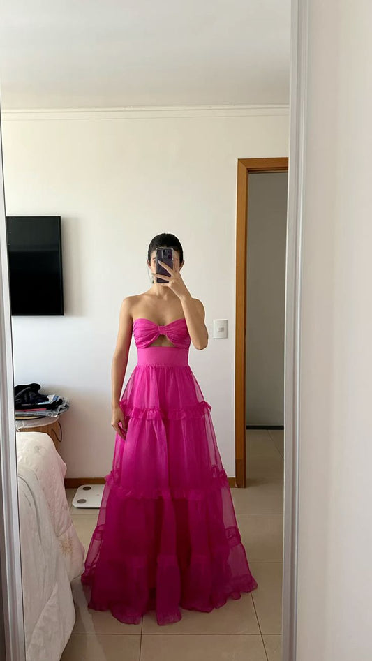 Classy A Line Sweetheart Tulle Hot Pink Sleeveless Long Prom Dresses Classy Prom Party Gowns AB232