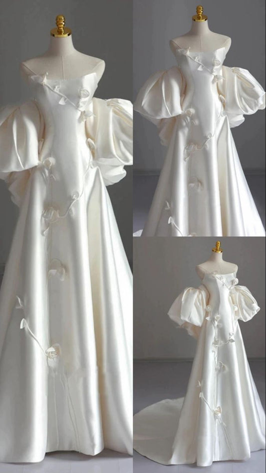 Retro 1950s Wedding Dresses for Bride A line Strapless With Flowers Satin Petite/Plus Size Bridal Gowns Spring Summer Wedding AB1481