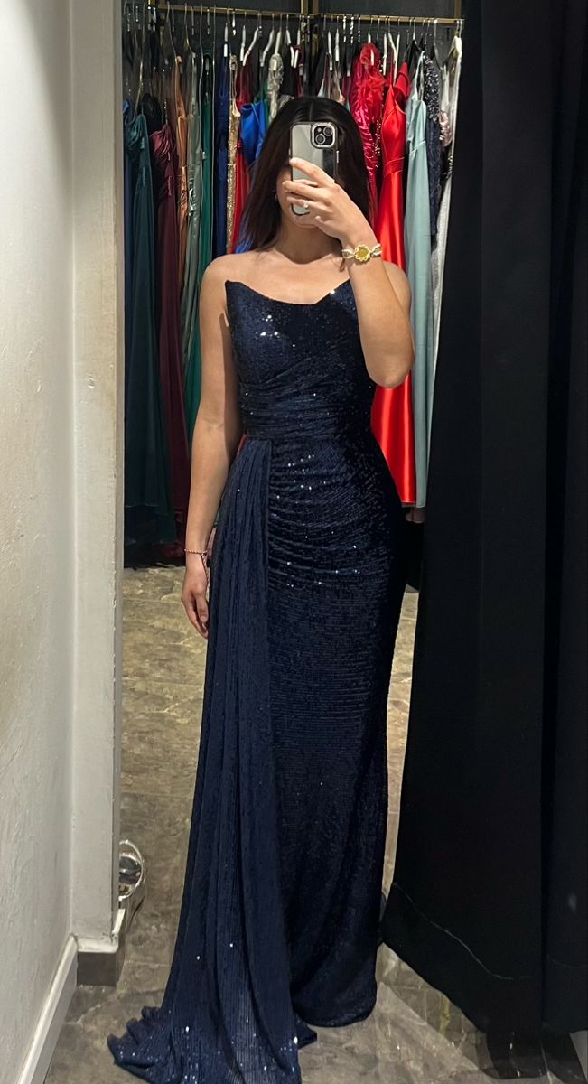 Modest Mermaid Strapless Navy Blue Sequin Long Prom Dresses For Teens Formal Dress Party Outfits Prom Gowns AB1079