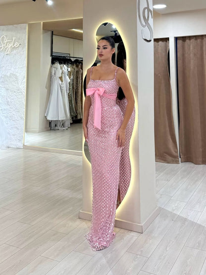 Modest Mermaid Spaghetti Strap Pink Sequin With Bow Evening Dresses Night Date Prom Dress Party Outfits AB2536