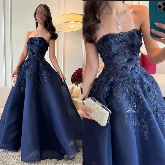 Elegant Navy Blue Strapless Appliques A Line Prom Dress Evening Dress Vestidos De Dia AB512