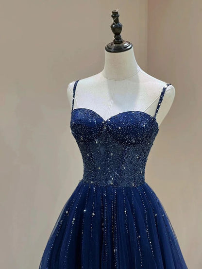 Stylish Navy Blue Spaghetti Straps Tulle Beading Prom Dress Evening Formal Dresses Vestidos De Dia AB516