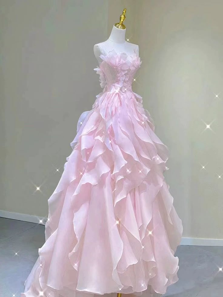 Pink princess evening dress, fairy party dress, girl’s birthday flower dress Formal Evening Gowns AB518