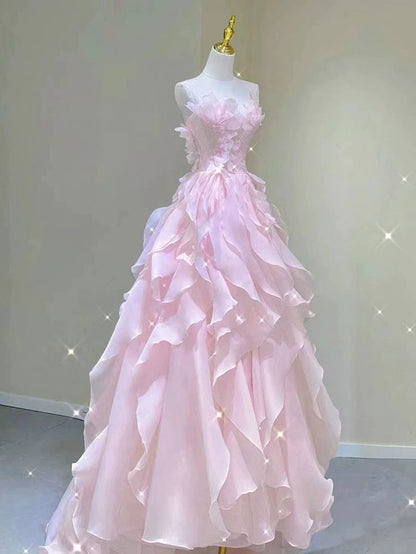 Pink princess evening dress, fairy party dress, girl’s birthday flower dress Formal Evening Gowns AB518