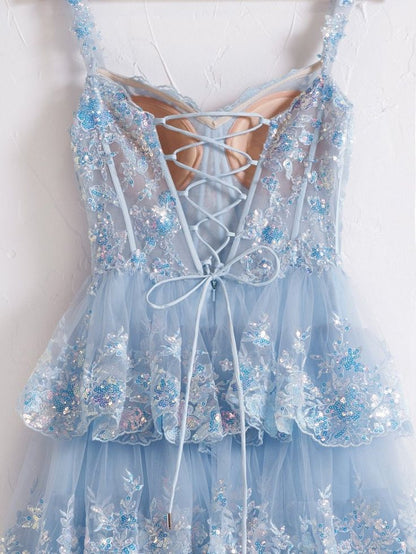 Light Blue Off The Shoulder Tulle Sequin Ruffle Tiered Long Gown with Slit Vestidos De Dia AB524
