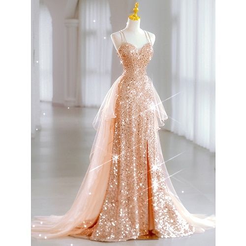Luxury Evening Dresses Train Bride Beach Party Gold Sequins Douber Straps Prom Dresses Formal Gowns AB520