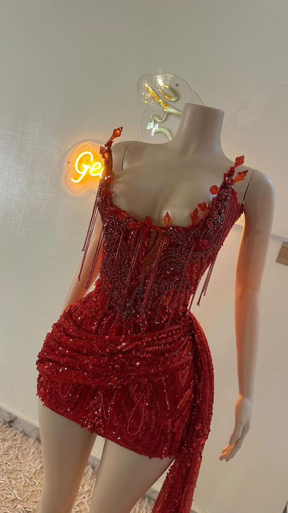 Cute Sheath Tight Bodycon Strapless Red Sequin With Tassles Short Inspo Hoco Dress Ideas Homecoming Dresses RB4078