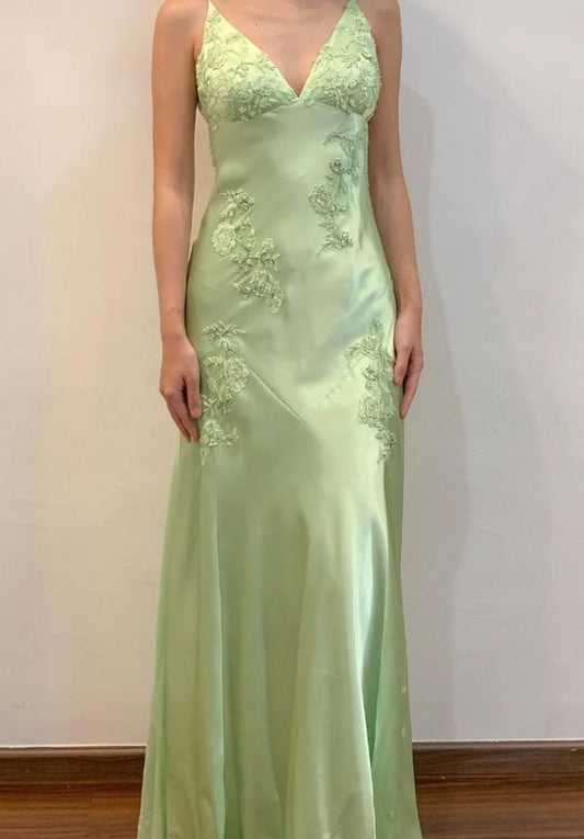 Pretty Mermaid V Neckline Green Satin Backless Evening Dress Prom Dresses With Beads AB957