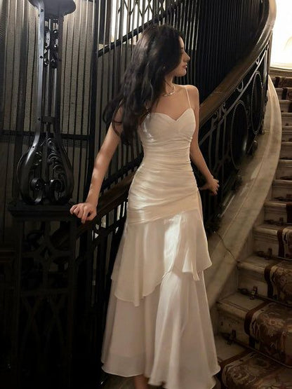White Satin Sweetheart Mermaid Long Party Dress, White Straps Prom Dress AB966
