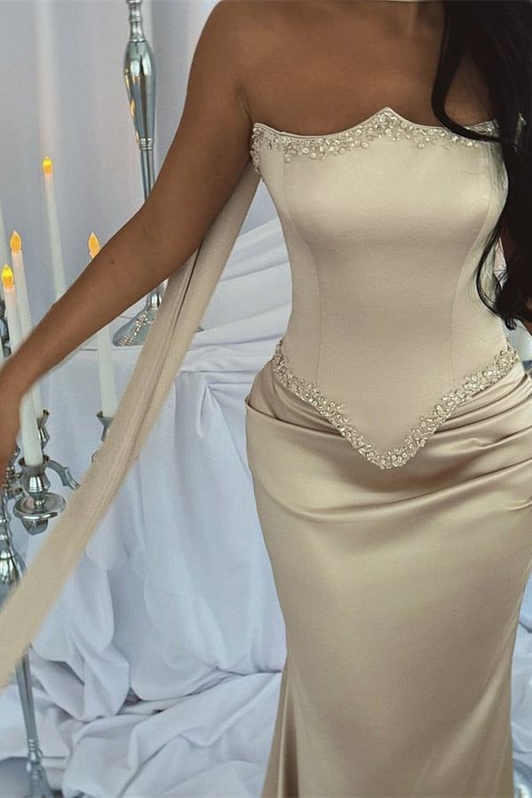 Luxury Strapless Mermaid Prom Dresses Satin Floor Length Sleeveless With Beads Ribbon AB967