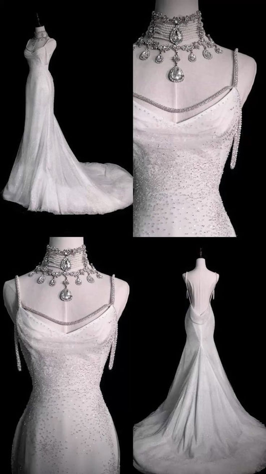 Mermaid Ivory White Sequin Spaghetti Straps Long Backless Pleats Wedding Dress AB976