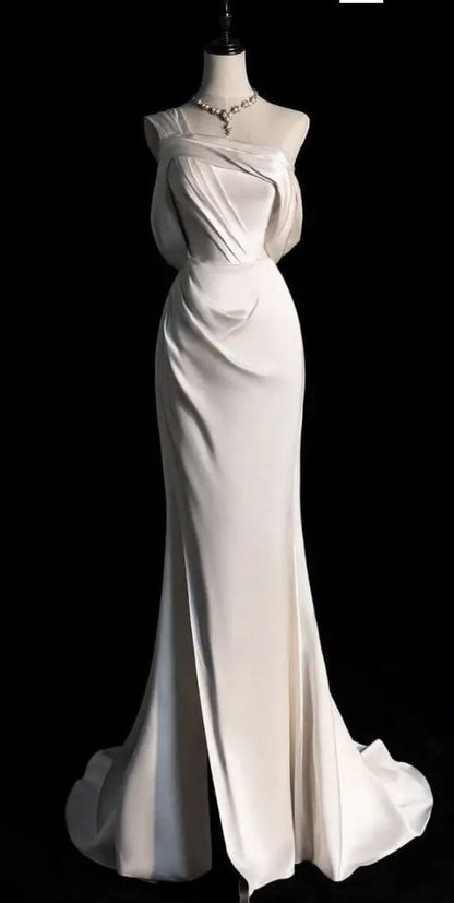 Mermaid Ivory White Satin One Shoulder Pleats Wedding Dress AB973