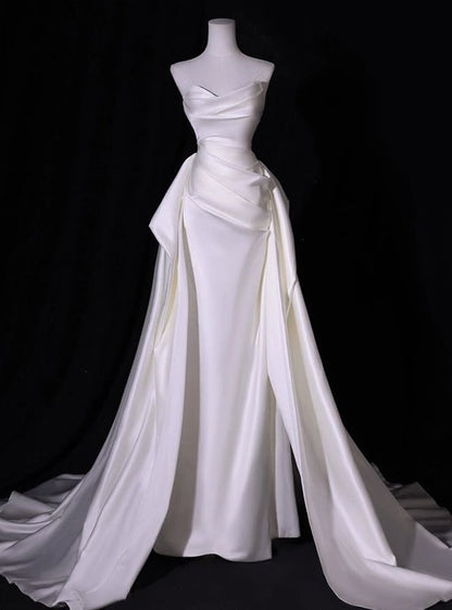 Simple White Mermaid Satin Strapless Pleats Wedding Dress AB971