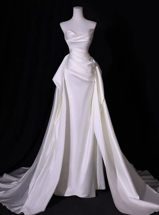 Simple White Mermaid Satin Strapless Pleats Wedding Dress AB971