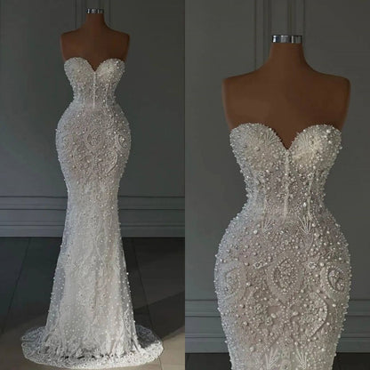Luxury Mermaid Wedding Dresses For Women Sweetheart Neck Sleeveless Pearls Sequins Sweep Bridal Gown AB970