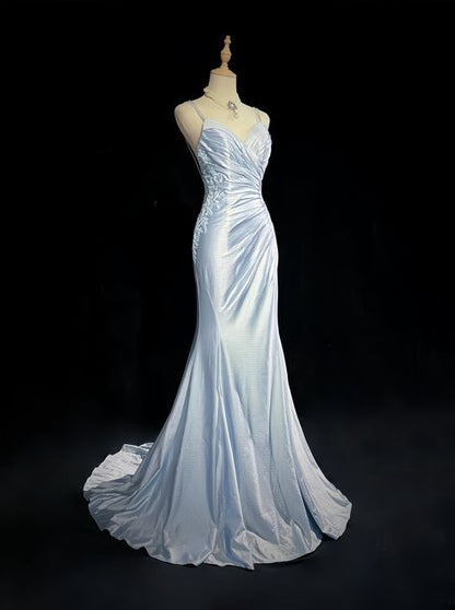 Elegant Blue Spaghetti Strap Prom Gown Pleated Sweetheart Neckline Sexy Backless Fishtail Celebrity Banquet Evening Dress AB987