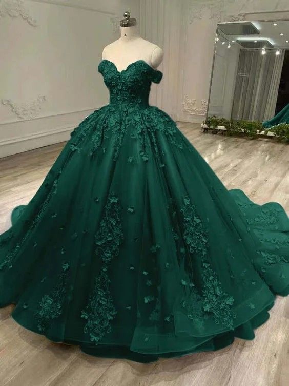 Emerald Green Ball Gown Off The Shoulder Quinceanera Dress Appliques Birthday Luxury Dress Sweet 15 16 Birthday Gown AB1082