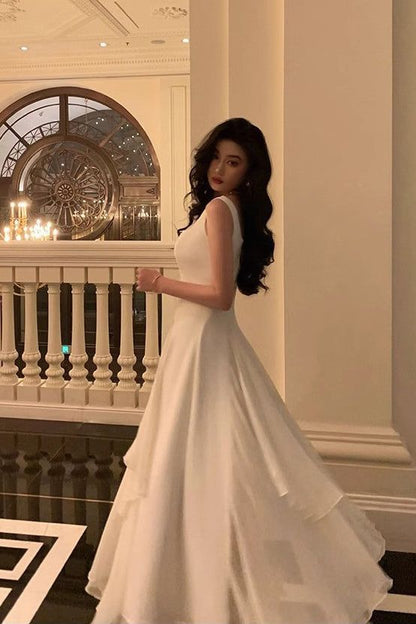 Gorgeous A Line Square Neckline Sleeveless White Date Night Dress Prom Dresses Birthday Outfits AB1915