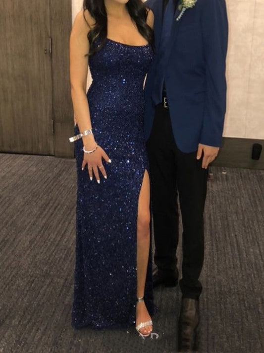Elegant Mermaid Navy Blue Sequins Spaghetti Straps Long Evening Prom Dresses AB697