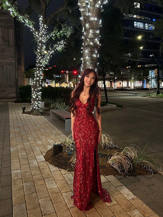 Glitter Mermaid Spaghetti Straps Dark Burgundy Sequin Evening For Women Party Dresses Long Formal Prom Dress 18th Birthday Gown AB1282