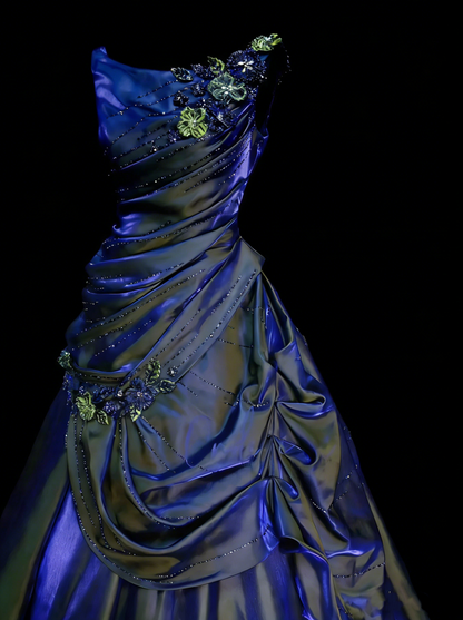 Sweet Ball Gown Scoop Navy Blue Satin With Tiered Layers Ruffles Long Party Gowns Prom Dresses N2231