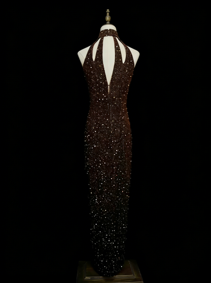 Vintage Sheath Halter Sequined Sleeveless 80s Prom Dresses Long Formal Party Gown N1453
