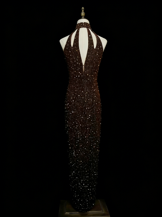 Vintage Sheath Halter Sequined Sleeveless 80s Prom Dresses Long Formal Party Gown N1453