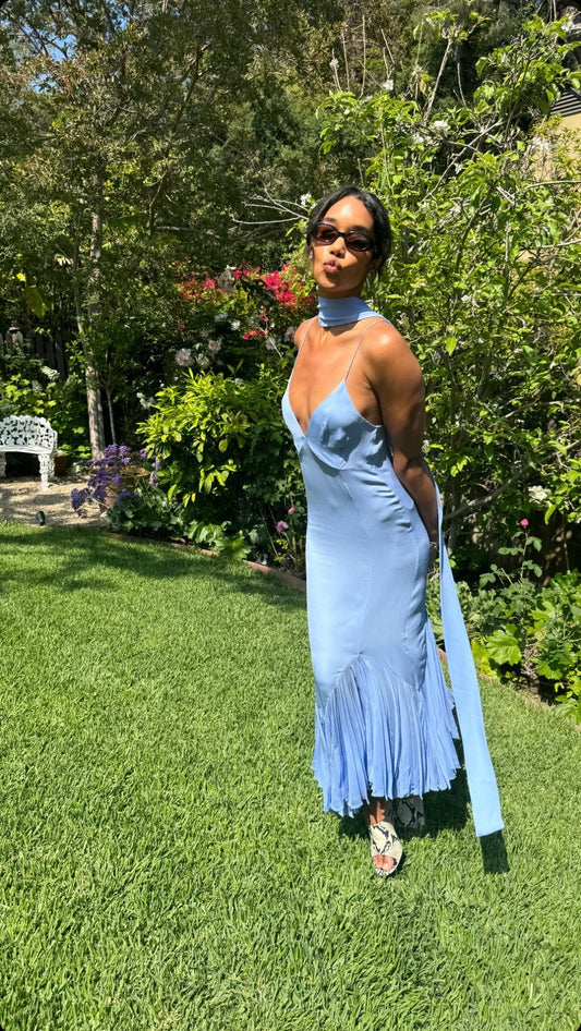 Simple Mermaid Spaghetti Straps Blue Chiffon Summer Spring Inspiration Long Wedding Guest Dress Birthday Outfits N1633