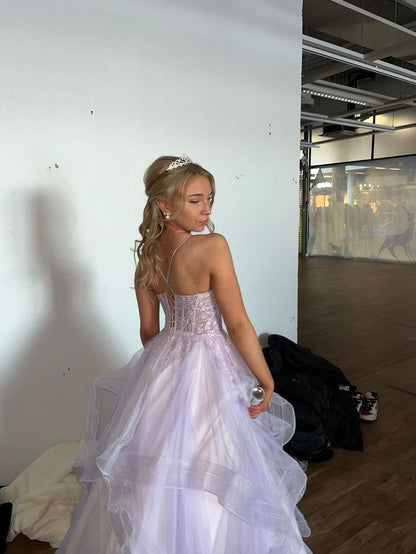 Unique Ball Gown Prom Dress Lilac Lace Formal Long Tiered Evening Party Gowns Vestidos De Dia AB551