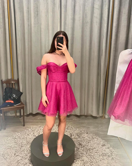 Whimsical A line Off The Shoulder Pink Sequin With Sleeves Senior 12th Grad Short Mini Aesthetic Homecoming Dresses RB4406