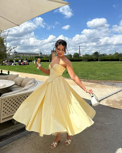 Elegant Butter Yellow Midi Dress for Summer Vacation Party Gowns Prom Dresses AB1760