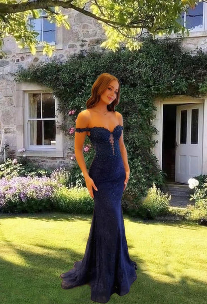 Aesthetic Navy Blue Mermaid Lace Appliques Prom Dresses Long for Women Off the Shoulder Illusion Formal Dress AB678