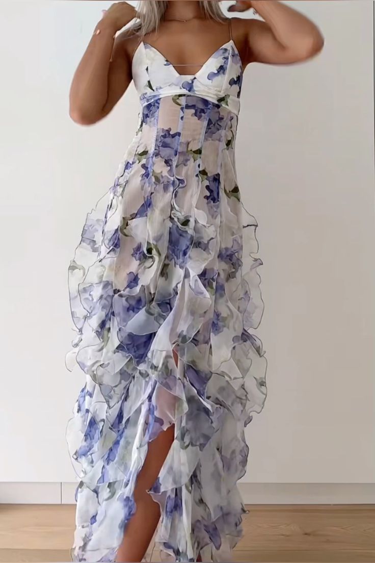 Mermaid Ruffle Floral Print Floor Length Prom Dresses AB923